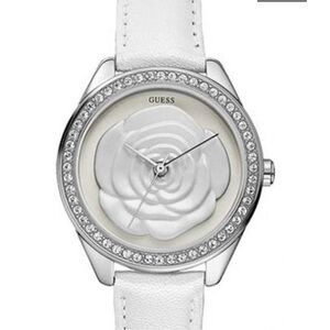 Women’s GUESS Watch Rosette Analog White Raised Rose Dial White Leather Strap